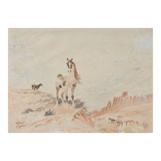 Vintage 1930's Distressed Wild Horses Landscape Watercolor Painting For Sale
