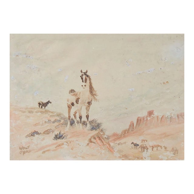 Vintage 1930's Distressed Wild Horses Landscape Watercolor Painting For Sale