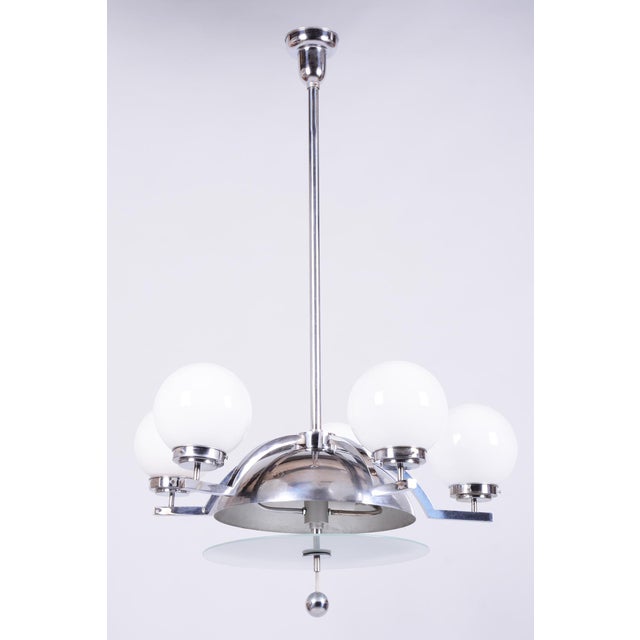 Bauhaus Chandelier in Chrome-Plated Steel and Opaline Glass, Czech, 1930s For Sale - Image 11 of 11