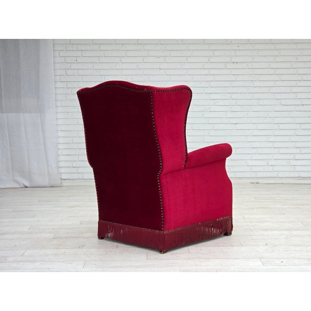 Danish Highback Armchair in Red Velour and Ash, 1970s For Sale - Image 11 of 18