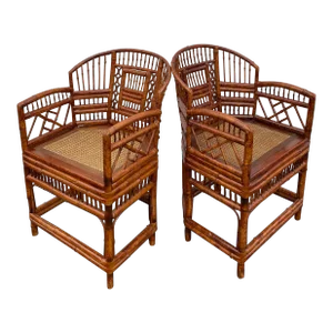 1970s Vintage Brighton Chinoiserie Rattan Burnt Bamboo Caning Split Reed Armchairs- a Pair