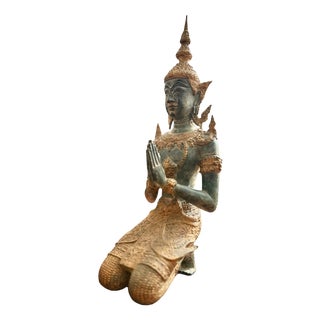 Vintage Southeast Asian Kneeling Devata Sculpture in Patinated Metal, Late 20th Century For Sale