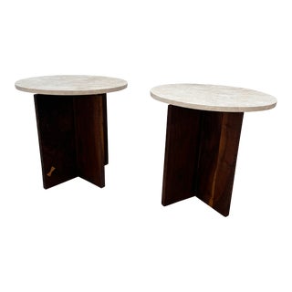 X Base Walnut Tables With Limestone Tops, a Pair For Sale
