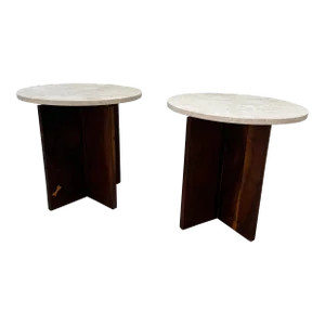 X Base Walnut Tables With Limestone Tops, a Pair