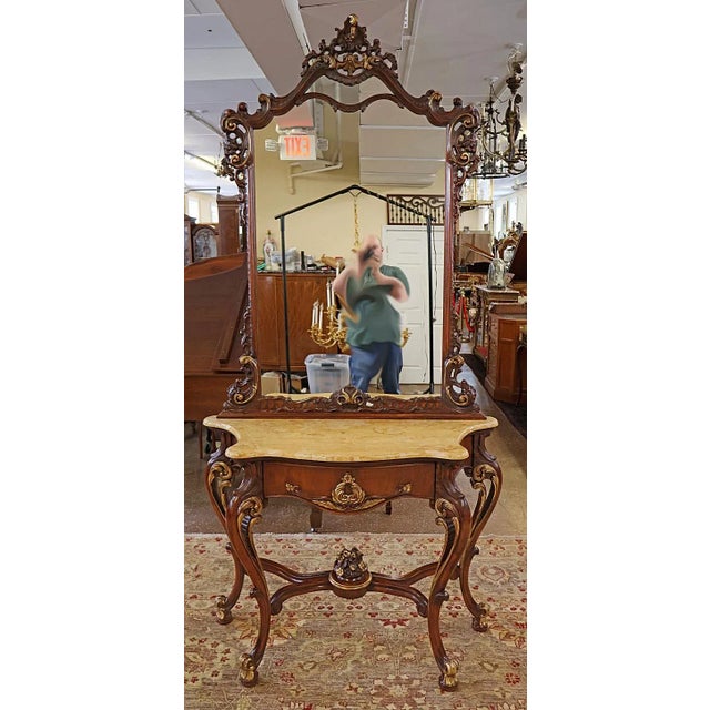 ​Mahogany Louis XV French Style Marble Top Console With Mirror Dimensions : 98.25" Tall X 48" Wide X 19" Deep This console...