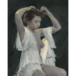 Anastasia by Jane Radstrom | Oil Painting of a woman adjusting her hair in soft light For Sale