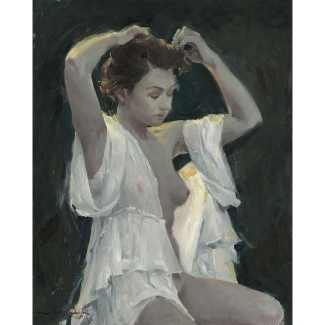Anastasia by Jane Radstrom | Oil Painting of a woman adjusting her hair in soft light For Sale