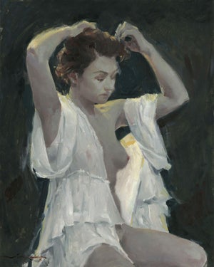 Anastasia by Jane Radstrom | Oil Painting of a woman adjusting her hair in soft light