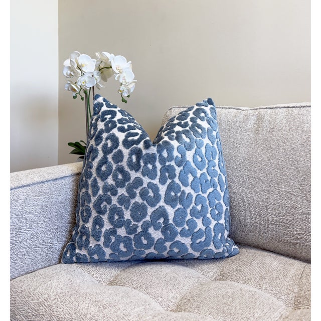 Cerulean Blue Leopard 20x20 Velvet Throw Pillow With Feather Down Insert For Sale In New York - Image 6 of 7