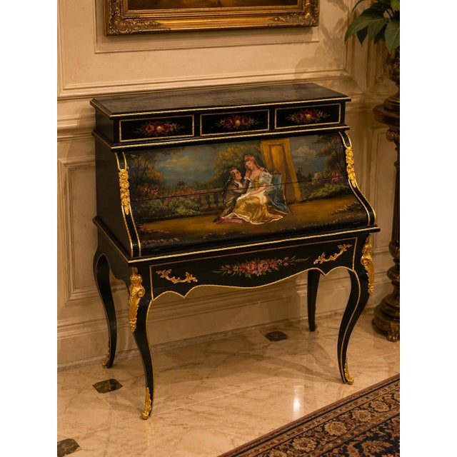 Rococo 1960s French Louis XV Secretary Desk Hand-Painted Mahogany Bureau Plat 6 drawers-Black For Sale - Image 3 of 9