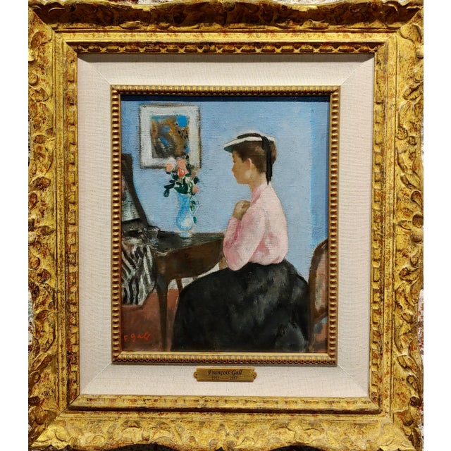 Francois Gall-Young Elegant Woman in Pink at Her Vanity Desk-Oil Painting For Sale - Image 9 of 9