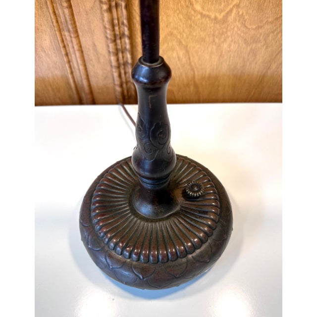 Rare Green Linenfold Double Student Table Lamp Tiffany Studio For Sale In Atlanta - Image 6 of 18