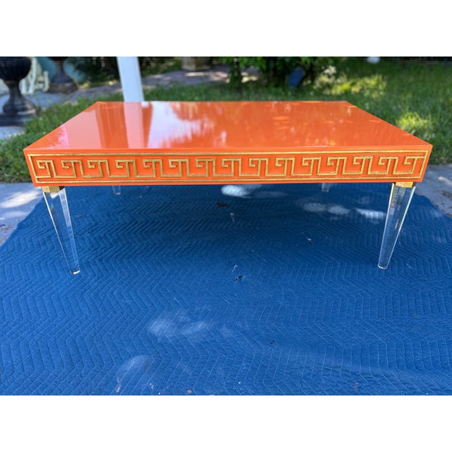 Wood Mid-Century Modern Style High-Gloss Orange Lacquered Wood and Lucite Greek Key Coffee Table by Julio Jimenez For Sale - Image 7 of 17