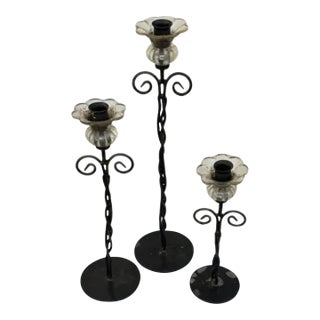 ( Set of 3 ) Rustic Wrought Iron Candlesticks With Glass Blooms For Sale