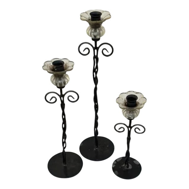 ( Set of 3 ) Rustic Wrought Iron Candlesticks With Glass Blooms For Sale
