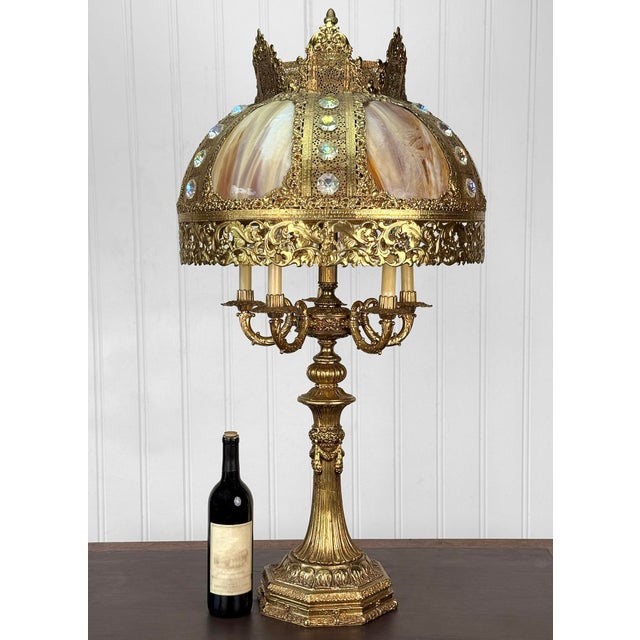 An Original 1970's Hollywood Regency Table Lamp Monumental Sized - Stands 40" Original Curved Caramel Slag Glass Panels...