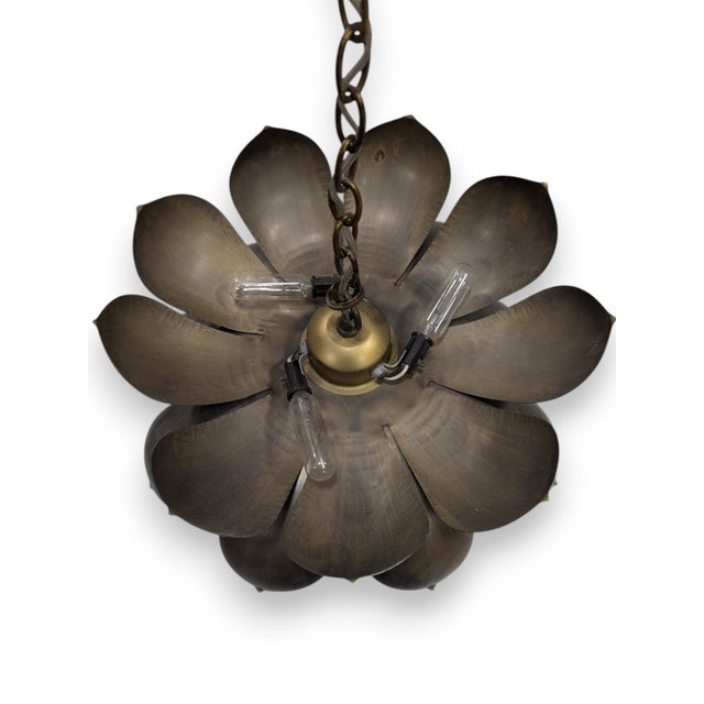 Large brass Hollywood Regency hanging lamp with an open lotus flower shape. It has 4 tiers of etched brass petals with...