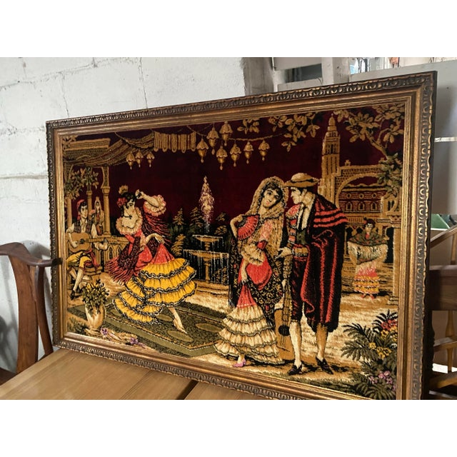 large framed flamenco dancer themed tapestry in a velvet felt type fabric from Spain. reframed in united states in the...
