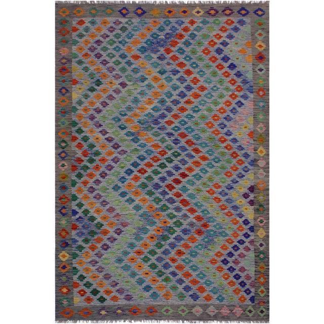 Boho Chic Kilim Blue Hand-Woven Wool Rug - 5′8″ × 8′ For Sale