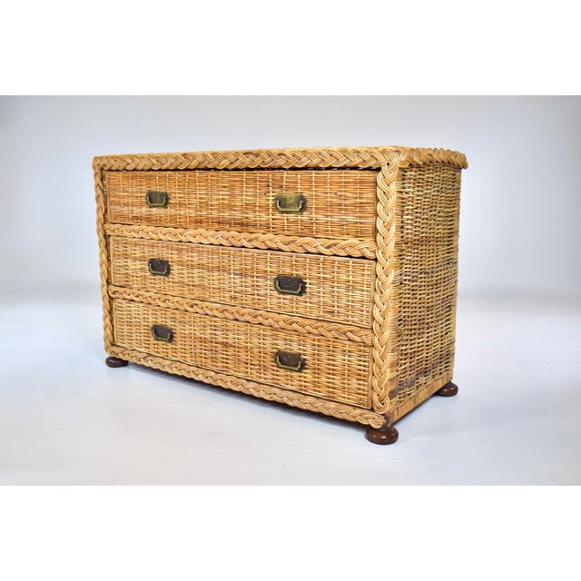 1950s Vintage Coastal Braided Woven Rattan Chest of Drawers With Walnut Bun Feet For Sale - Image 4 of 12