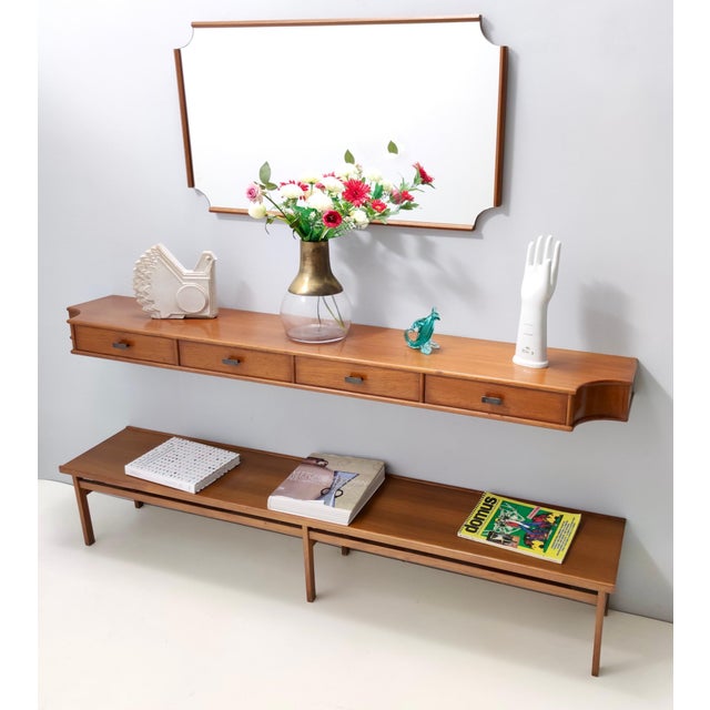 Mid-Century Modern Vintage Entryway Set of Wall Mirror, Walnut Console and Bench, Italy, 1959, Set of 3 For Sale - Image 3 of 18