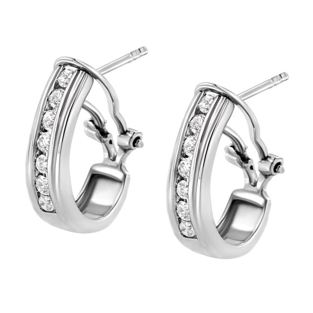 .925 Sterling Silver Channel Set 1/2 Cttw Lab Grown Round Diamond Omega Back Huggy Hoop Earrings (F-G Color, SI1-SI2 Clarity) For Sale - Image 4 of 6