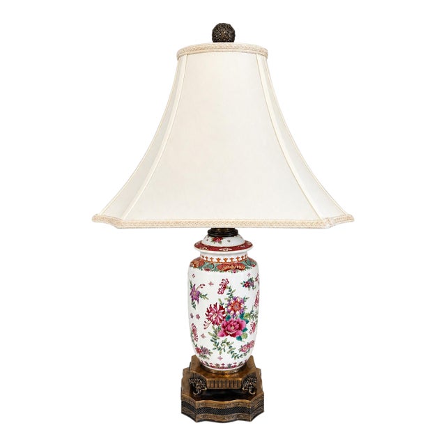 Mid 20th Century Chinoiserie Floral Porcelain Table Lamp With Bronze Base For Sale