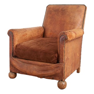 Antique French Leather Club Chair, 1920s For Sale