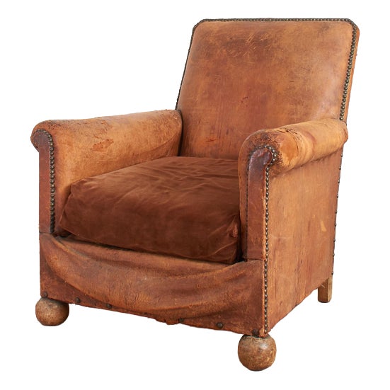 Antique French Leather Club Chair, 1920s For Sale