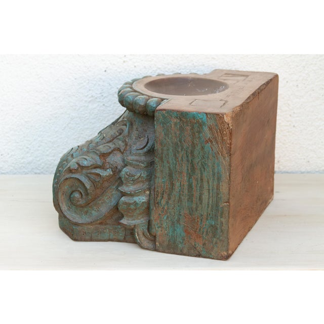 Finely Carved Turquoise Blue Teak Capital For Sale - Image 4 of 8