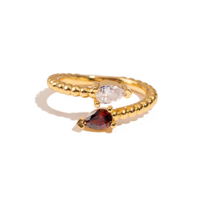 Bronze Ruby & Diamond Teardrop Glow Gold Adjustable Ring, Size 8 For Sale - Image 8 of 8