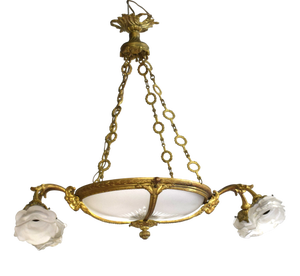 French Neoclassical Chandelier with Gilded Bronze and Frosted Etched Glass, Early 20th Century