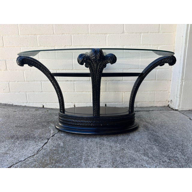 Hollywood Regency Style Glass Top Palm Leaf Coffee Table in excellent condition. Base measurements: H:19 inches W: 40...