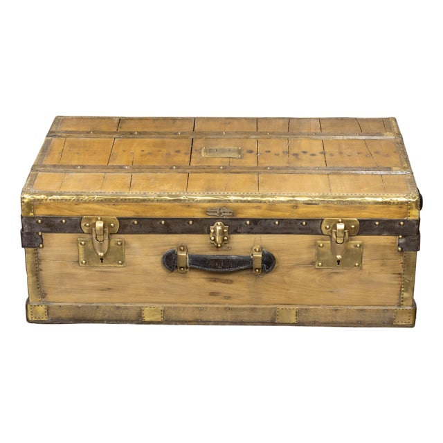 French 1930s Lavolaille Pine Trunk with Maker's Label and Monogram For Sale