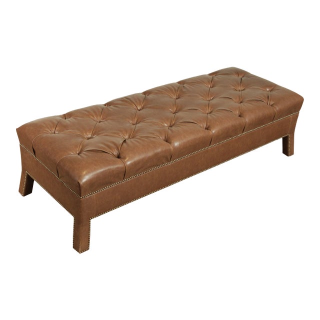 Brown Leather Tufted Long Bench For Sale