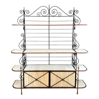 Maison Jansen Style Iron Brass & White Glass Bakers Rack with Cabinet, 1950s For Sale