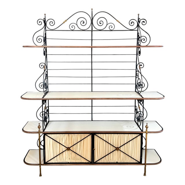 Maison Jansen Style Iron Brass & White Glass Bakers Rack with Cabinet, 1950s For Sale