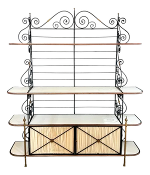 Maison Jansen Style Iron Brass & White Glass Bakers Rack with Cabinet, 1950s