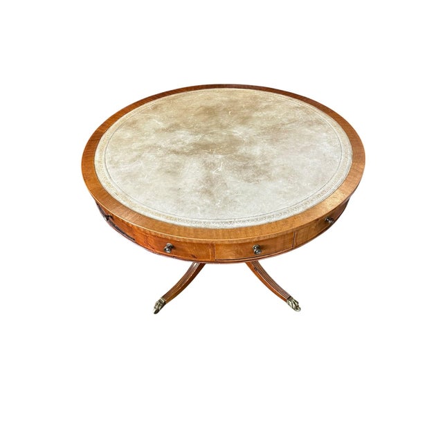 Early 20th Century English Georgian Revival Mahogany 48.25" Drum Table With Green Tooled Leather Top, Circa 1900 For Sale - Image 5 of 18