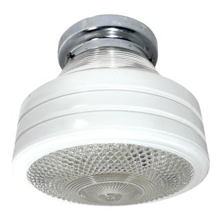 1940s American Art Deco Flush Mount Glass Shade Fixture With Chrome Finish Collar For Sale