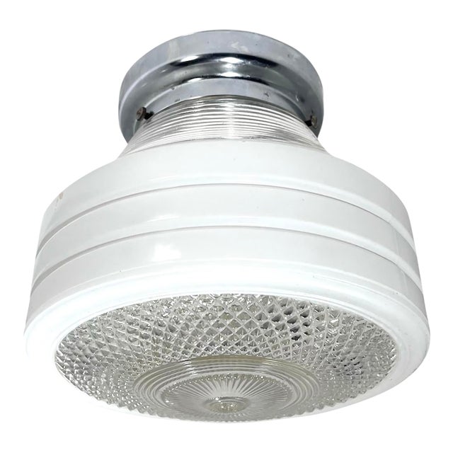 1940s American Art Deco Flush Mount Glass Shade Fixture With Chrome Finish Collar For Sale