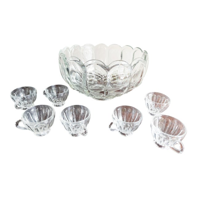 Antique L E Smith Old Dominion Crystal Punch Bowl With 7 cups - 8 pcs For Sale