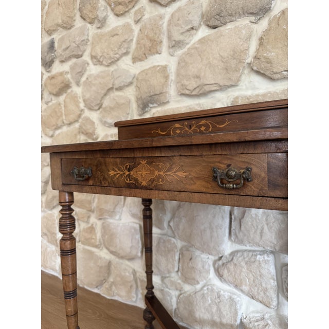 1920s Antique Edwardian Marquetry Ladies Wring Desk with Small Leather Top Workspace, 1920s For Sale - Image 5 of 18