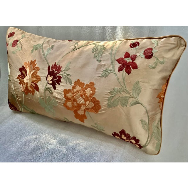 Garden Floral Embroidered Decorative Silk Lumbar Pillow Cover For Sale - Image 4 of 7