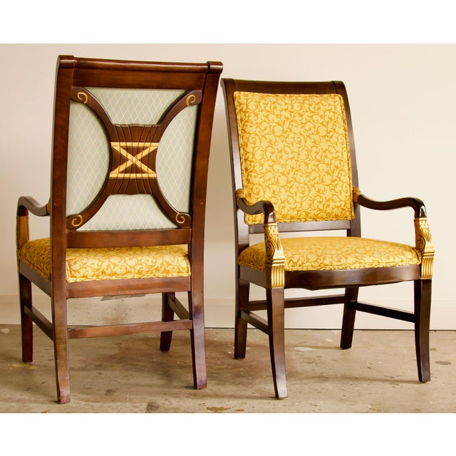 Hollywood Regency Empire Style Hand-Carved Armchairs With Contrasting Fabrics, Gold Accents, Made in Usa by Shelby Williams For Sale - Image 3 of 8