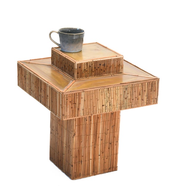 Rattan Prism Side Table, Hand-Crafted, Mid-Century Modern, Brass Top For Sale - Image 4 of 8