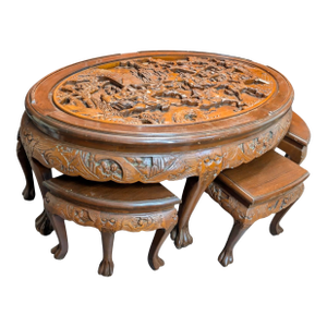 Mid-Century Hand-Carved Asian Nesting Coffee Table With 6 Stools, C. 1950s Opium Table