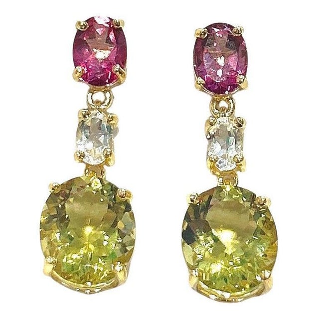 Bochic "Orient" Vintage Lemon Quartz & Rhodorite Earrings Set 18K Gold & Silver For Sale - Image 10 of 18