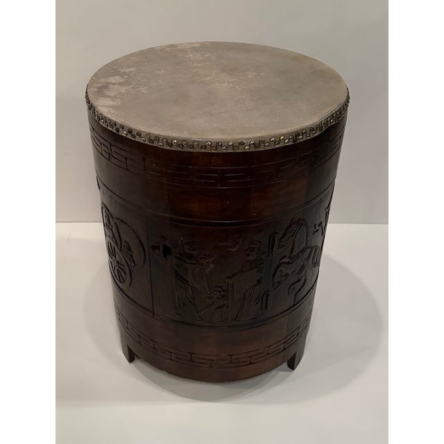 Handsome pair of end tables made from actual drums having elaborate carved decoration, parchment tops and protective glass...