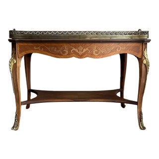 Early 20th C. Inlaid Serving Table With Removable Glass Tray and Brass Gallery For Sale
